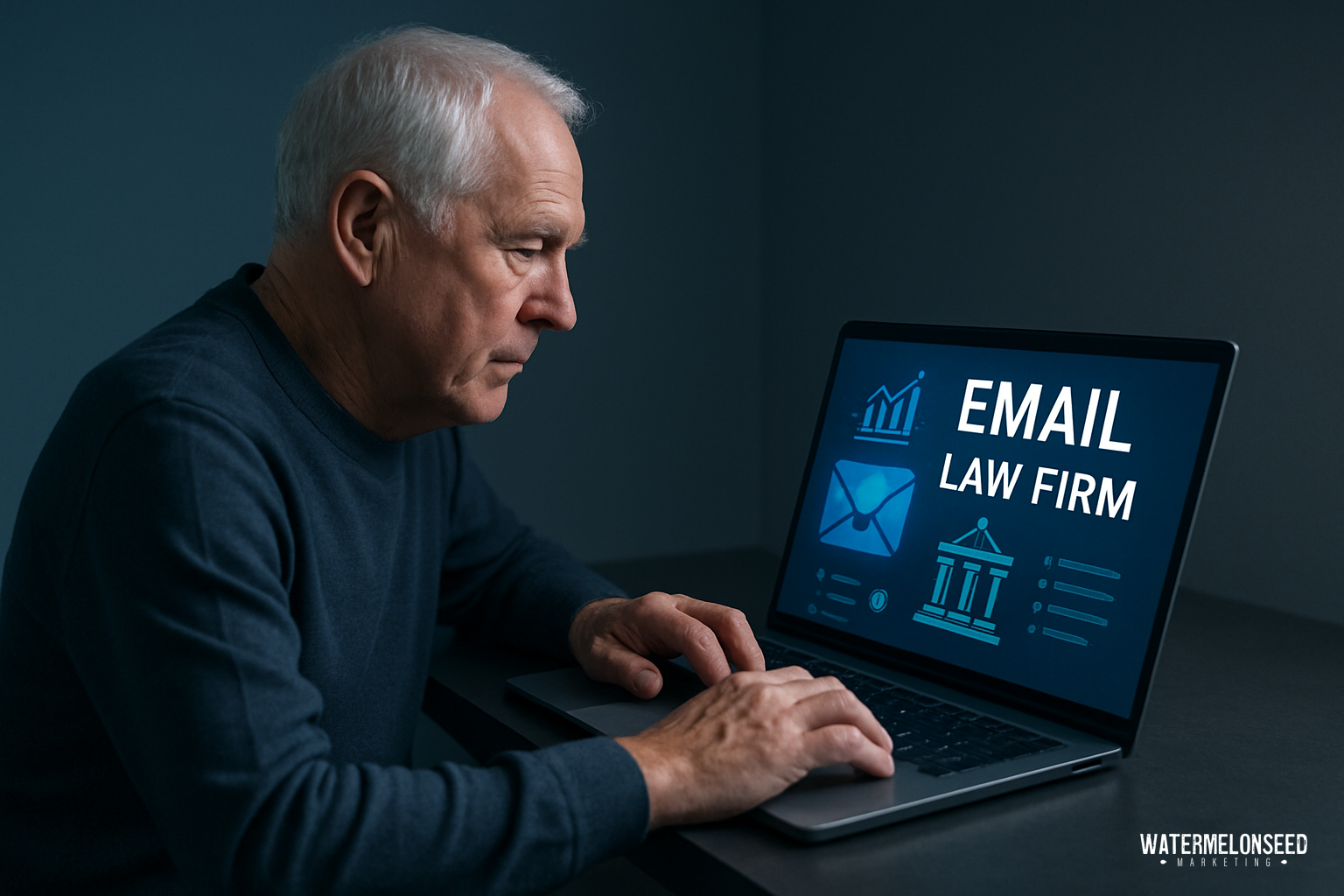 Older man using a laptop displaying a screen with the words “Email Law Firm” and related legal and email icons, illustrating how content marketing for law firms can enhance digital communication with clients.