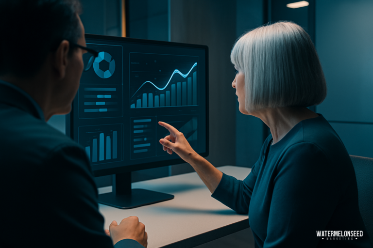 Two people review financial charts and graphs displayed on a computer monitor in an office setting, highlighting the importance of performance analytics in marketing.