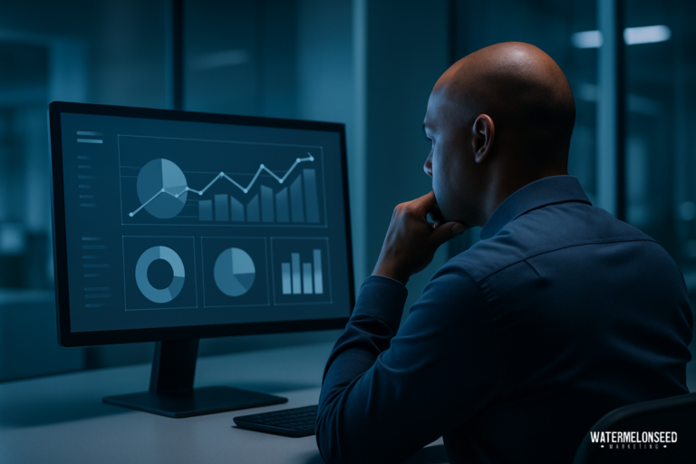A person sits at a desk in a dimly lit office, looking at charts and graphs displayed on a computer monitor as they analyze the best SEO practices for small businesses.