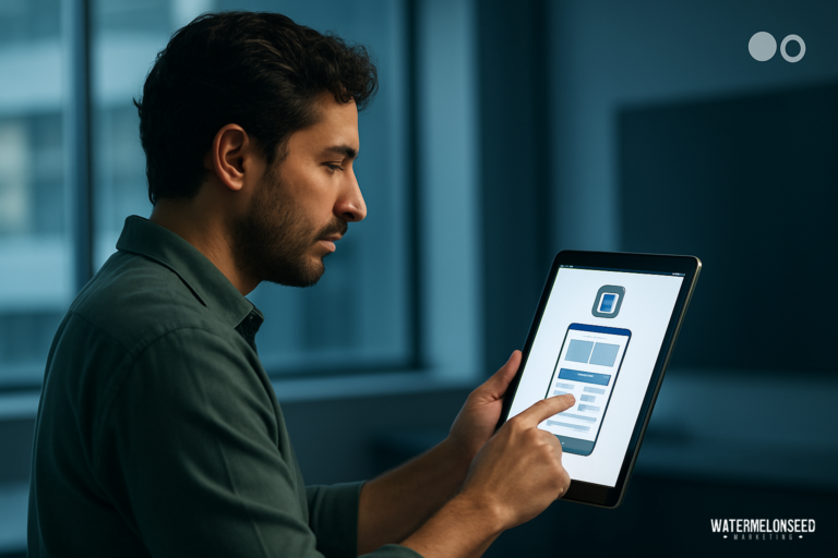A man wearing a green shirt looks at and touches the screen of a tablet displaying a wireframe design in a dim office setting, thoughtfully considering best SEO practices for small businesses.