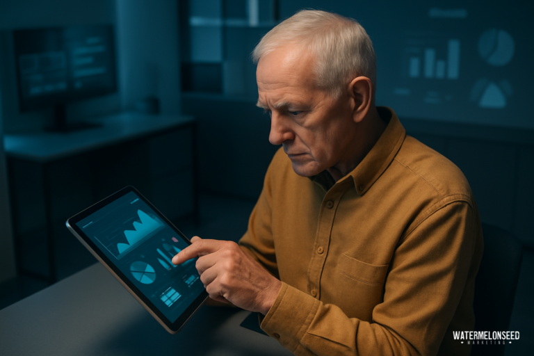 An older man in a brown shirt uses a large tablet displaying graphs and charts in a dimly lit office with data visuals related to YouTube advertising for small businesses projected on the wall.