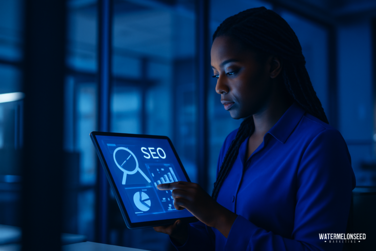 A woman in an office uses a tablet displaying SEO graphics, charts, and a magnifying glass icon as she researches the best SEO practices for small businesses.