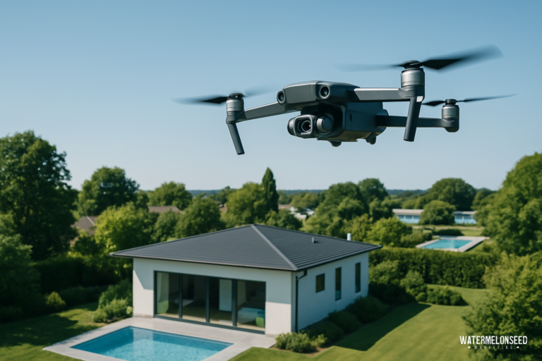 A drone flies above a modern house with a pool, surrounded by greenery and trees under a clear blue sky, capturing stunning footage perfect for drone videography for real estate.