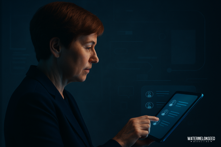 A person in a dark suit uses a tablet with digital interface icons, illustrating advanced content marketing for law firms. The background is dark and features faint technology-themed graphics.