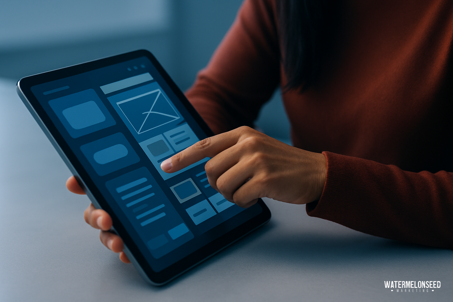 Person using a tablet, interacting with a user interface that displays wireframes and various digital content blocks on the screen, highlighting the impact of web design on conversion rates.