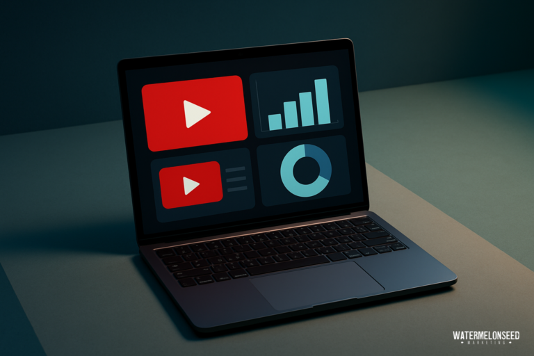 A laptop displays a dark-themed screen with video icons and data charts, illustrating insights relevant to YouTube advertising for small businesses. The image has a “Watermelonseed” watermark in the lower right corner.