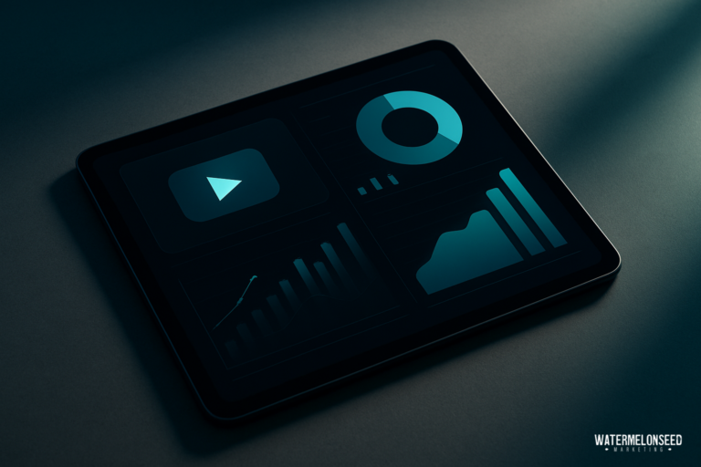 Tablet displaying a digital dashboard for YouTube advertising for small businesses, featuring various data charts, graphs, and a video play icon.