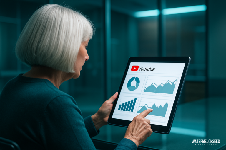 Older woman analyzing YouTube advertising for small businesses on a tablet, viewing charts and graphs in a modern office environment.