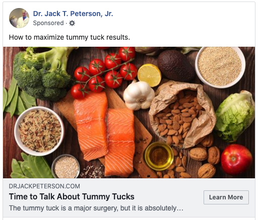 A facebook ad for dr jr about tummy tucks.